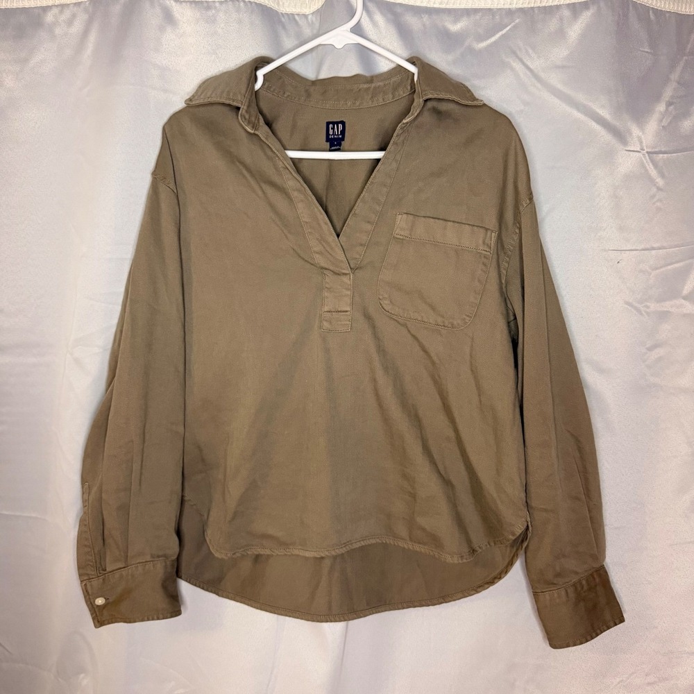 GAP Denim Long Sleeve‎ Collared Pocket Shirt Khaki Women Size S